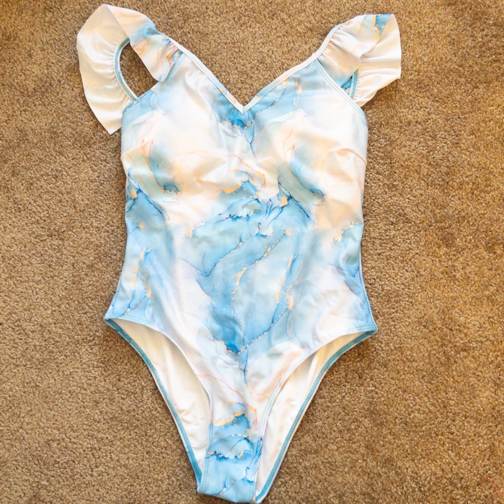 Amiani Ruffle V-Neck Watercolor One Piece Swim Bathing Suit